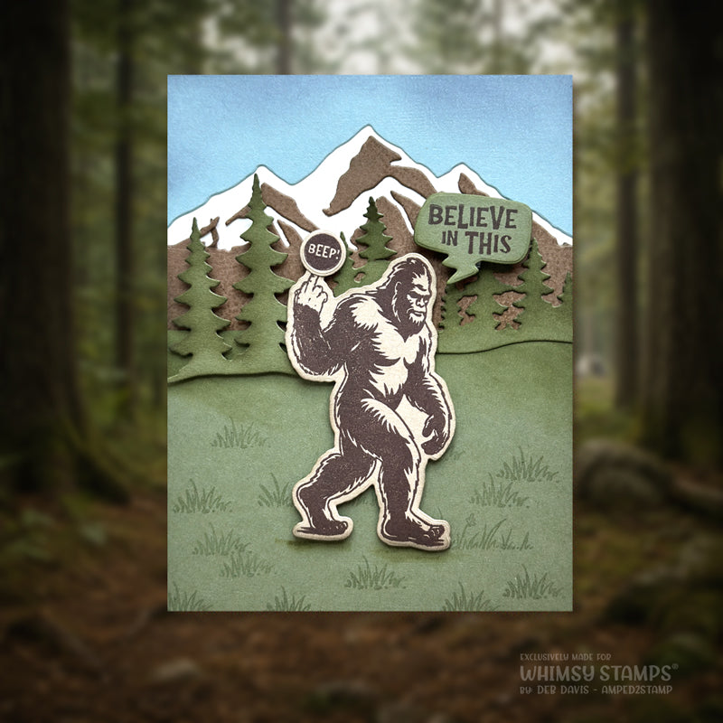 Whimsy Stamps Big Foot Assquatch Clear Stamp and Die Set green grass card