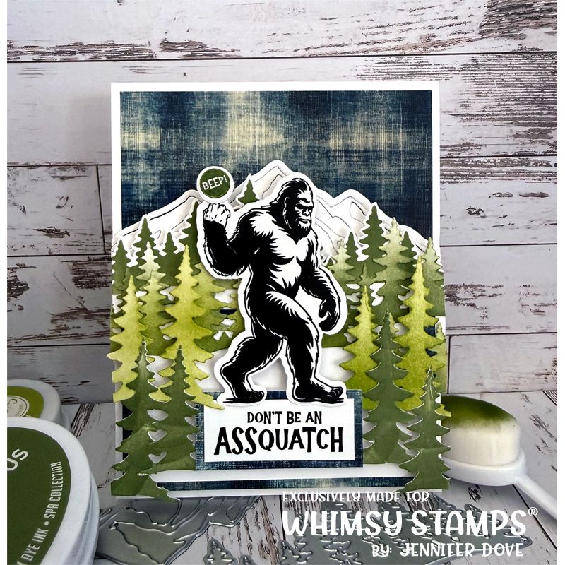 Whimsy Stamps Big Foot Assquatch Outline Dies wsd056 pine trees card