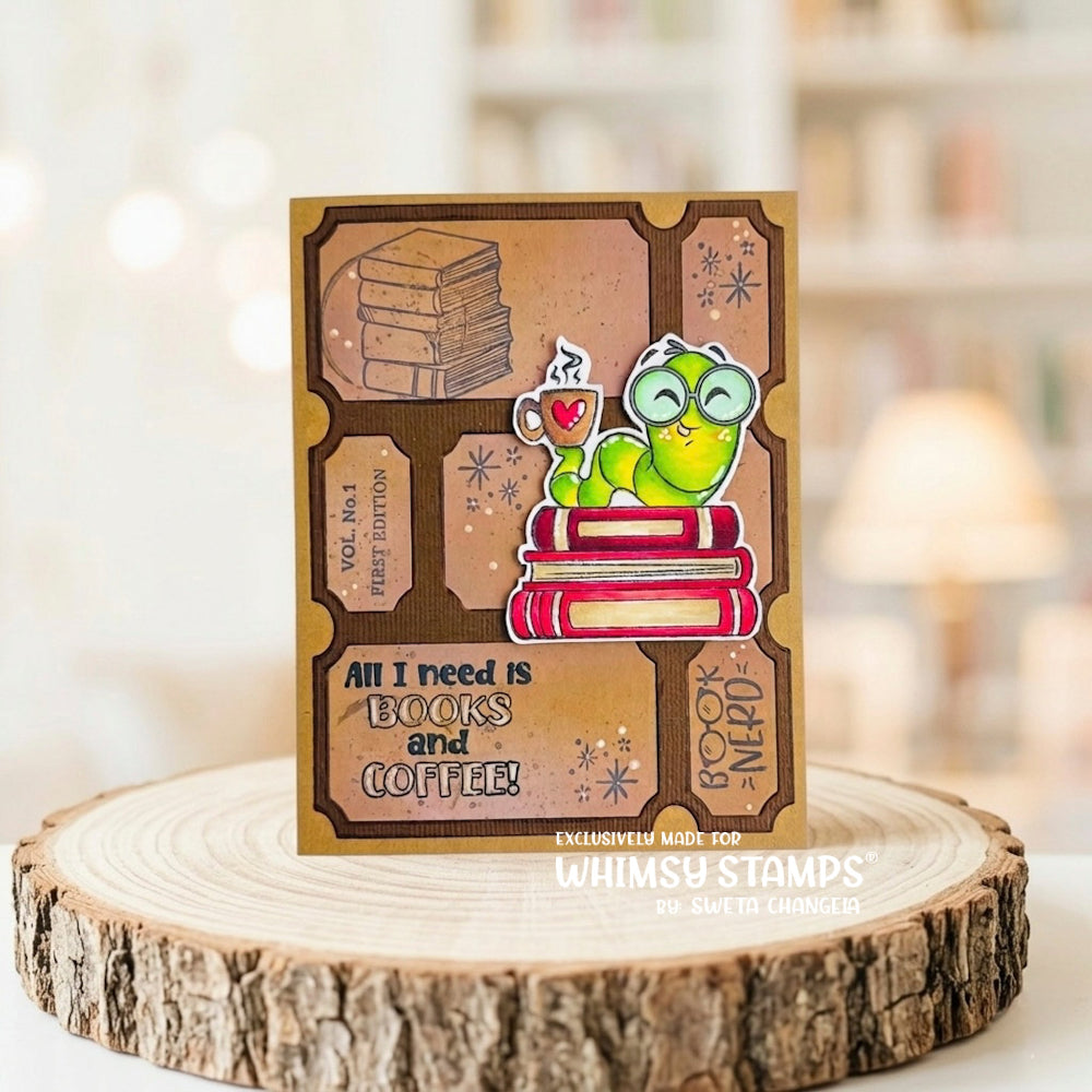 Whimsy Stamps Bookworm Clear Stamps khb124a red books coffee card