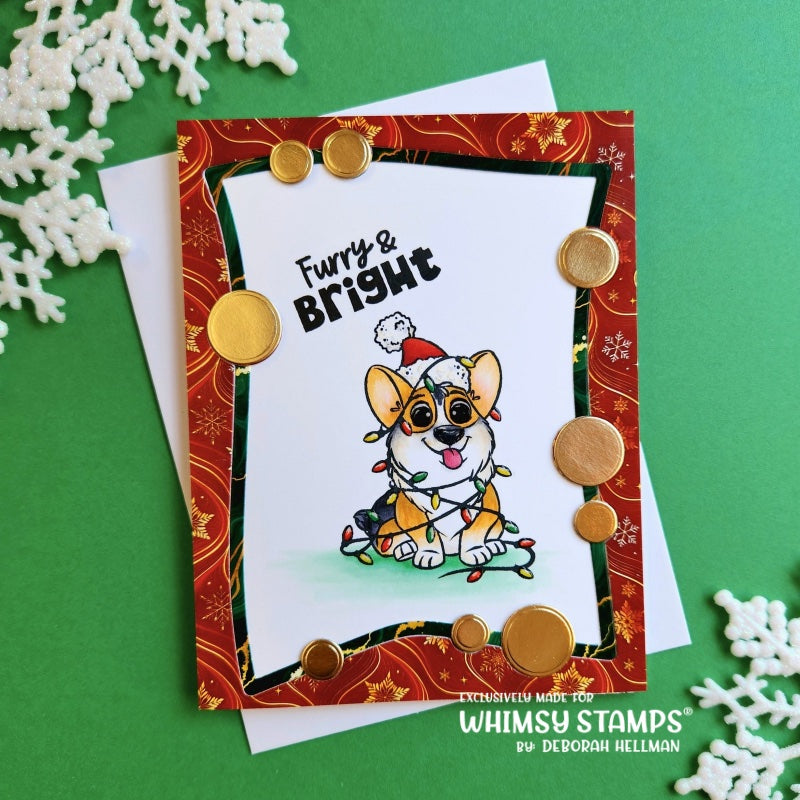 Whimsy Stamps Corgi Christmas Clear Stamps khb139b furry and bright wrapped in lights card