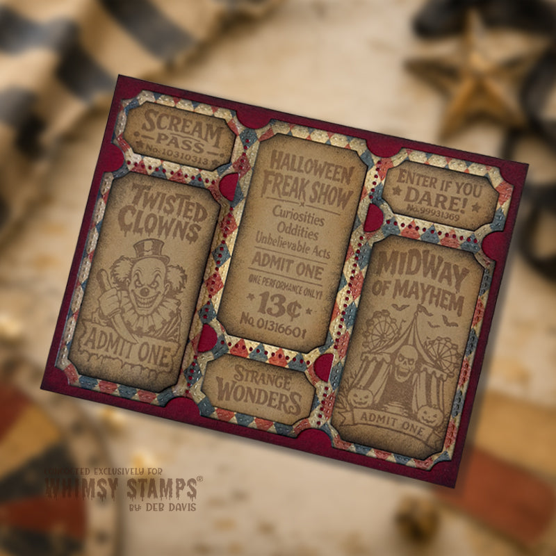 Whimsy Stamps Creepy Carnival Midway Tickets Clear Stamps cwsd326a scary clowns card
