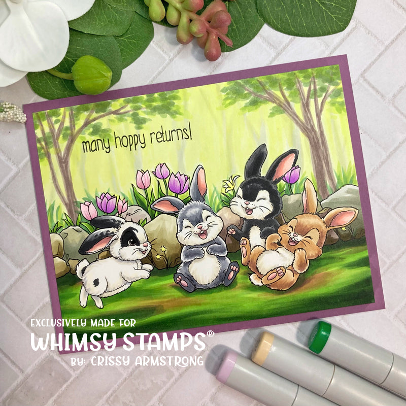 Whimsy Stamps Funny Bunnies Clear Stamp and NoFuss Masks Set tulips 