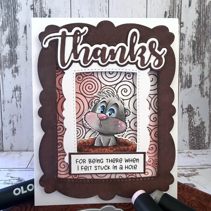 Whimsy Stamps Gopher It Clear Stamps cwsd379b brown frame swirls thanks card