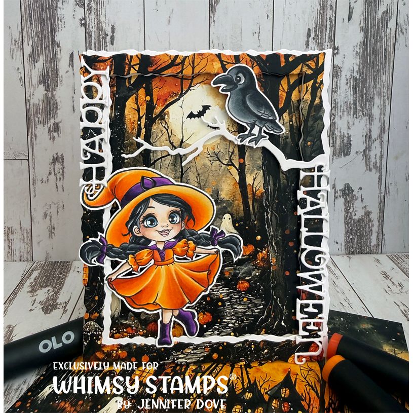 Whimsy Stamps Halloween Spells Clear Stamps c1307a girl in an orange dress card