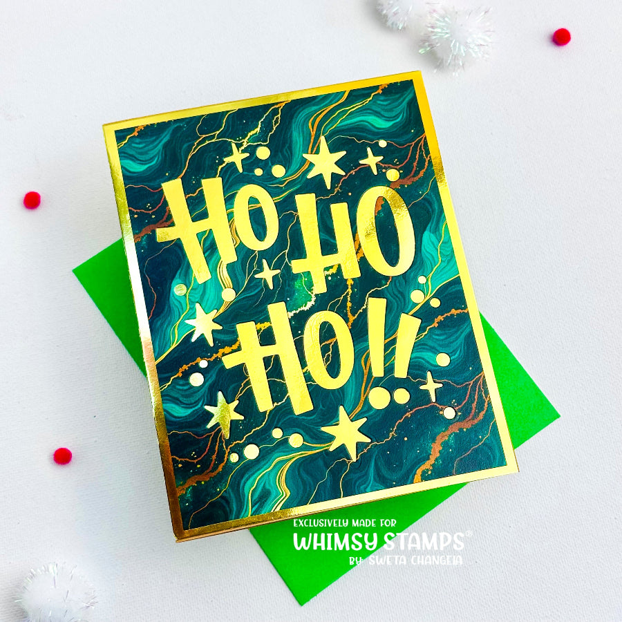 Whimsy Stamps Ho Ho Ho Die wsd072 golden ho ho ho marbled background card