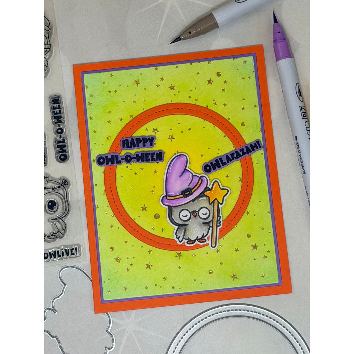 Whimsy Stamps Owl-O-Ween STAMPtember Exclusive Stamps and Dies Cute Halloween Card Acid Green