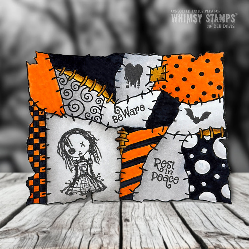 Whimsy Stamps Patched Clear Stamps cwsd356a orange and black spooky doll card