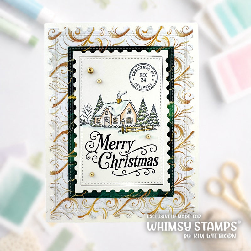 Whimsy Stamps Postage Layers Dies wsd069 merry christmas gold swirls card kim wiethorn