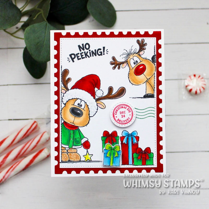 Whimsy Stamps Postage Layers Dies wsd069 no peeking presents reindeer card kari vannoy