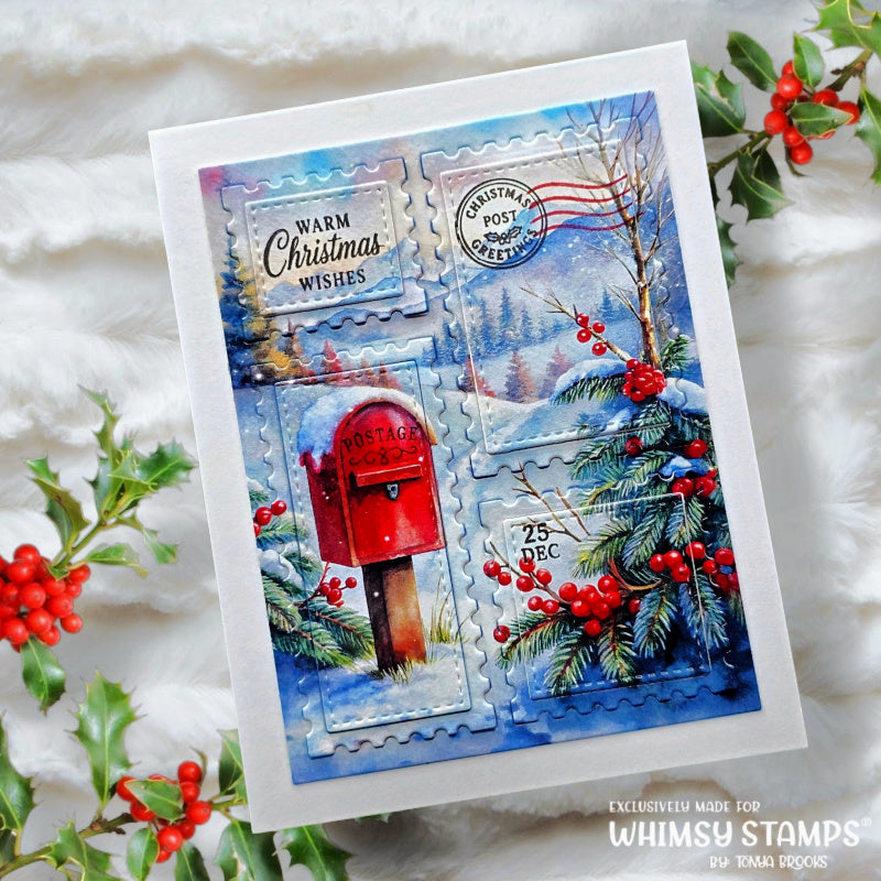 Whimsy Stamps Postage Windows Dies wsd070 warm christmas wishes card tonya brooks