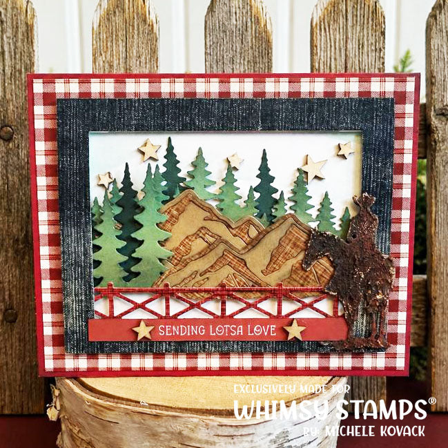 Whimsy Stamps Rocky Range and Pines Dies wsd055 cowboy on a horse sending love card