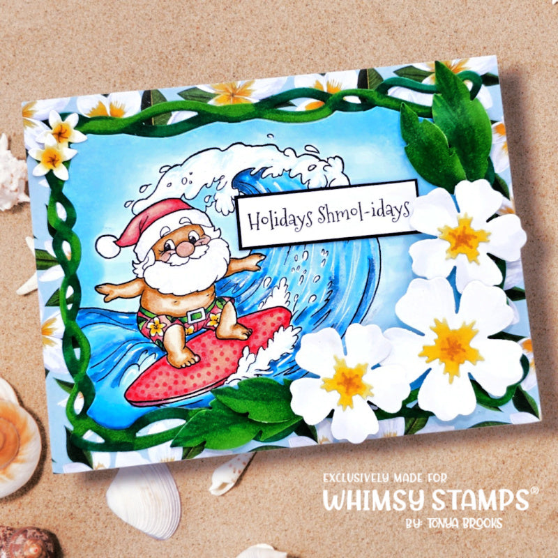 Whimsy Stamps Santa Surfer Clear Stamps c1302a white flowers green frame holiday card