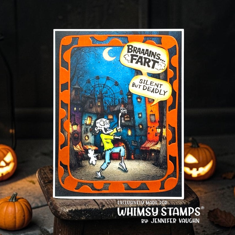 Whimsy Stamps Zombie Farts Clear Stamp and Die Set colorful background card