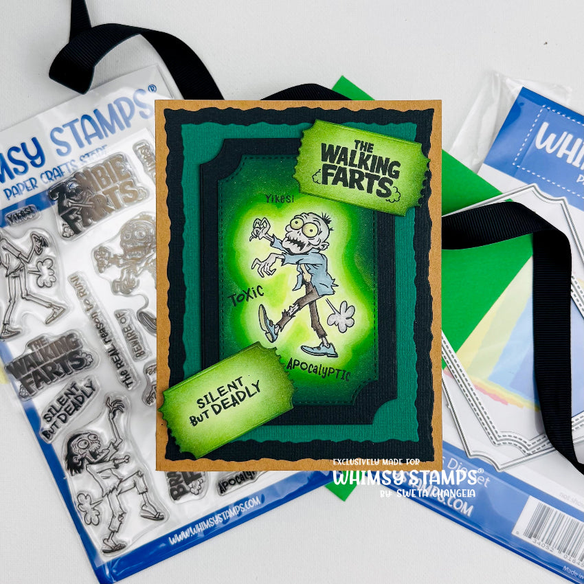 Whimsy Stamps Zombie Farts Clear Stamp and Die Set green background card