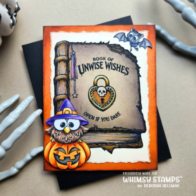 Whimsy Stamps h-OWL-oween Clear Stamps khb129a owl on a pumpkin card