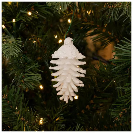White Glitter Pinecones Ornament Set 5706460 hanging on tree