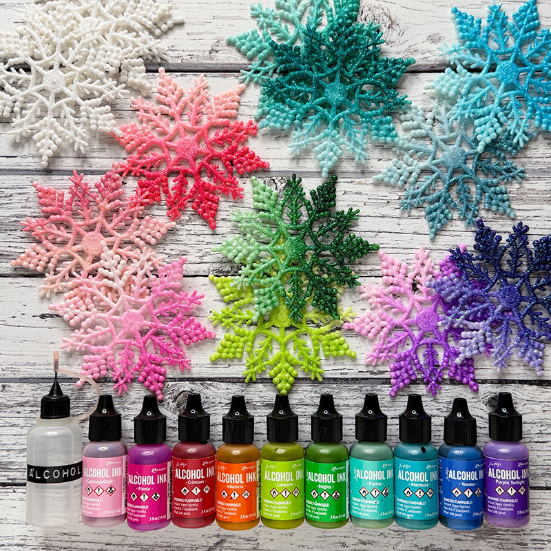 White Glitter Snowflake Ornaments Tim Holtz Christmas Project Colorized with Alcohol Ink