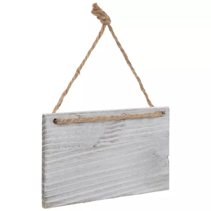 White Wood Sign With Jute Hanger Angled