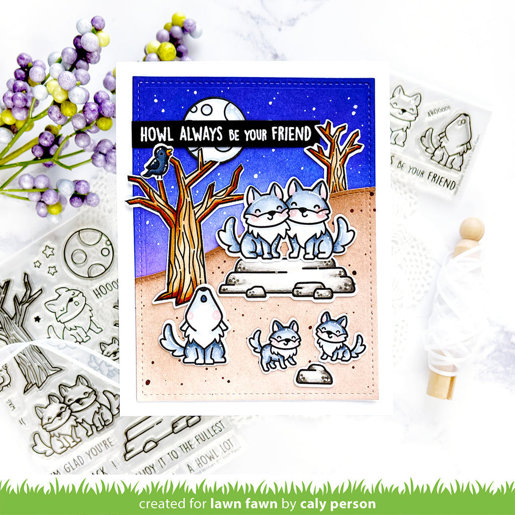 Lawn Fawn Set Wolf Before 'n Afters Clear Stamps and Dies Family of Wolves at night howling Howl Always be Your Friend  |color-code:alt1