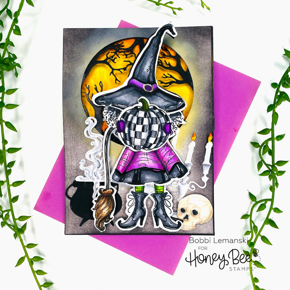 Honey Bee HAPPY HALLOWEEN Clear Stamp Set hbst-444 Witch See-Through Moon Easel Card | color-code:ALT02