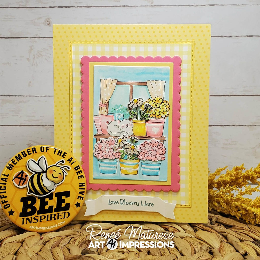 Yellow and Pink Crd with Planted Flowers and Happy Kitty in Window Sill
