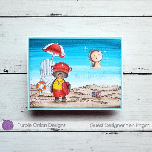 Purple Onion Designs Brody Cling Stamp pod1345 beach lifeguard bear