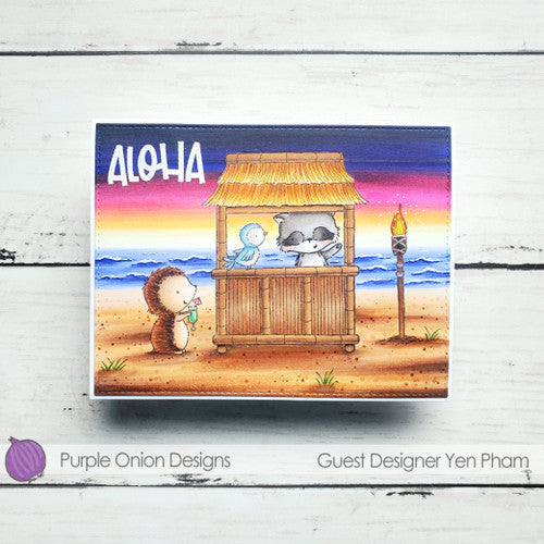 Purple Onion Designs Mimi Cling Stamp pod1348 hedgehog with drink at tiki hut beach card