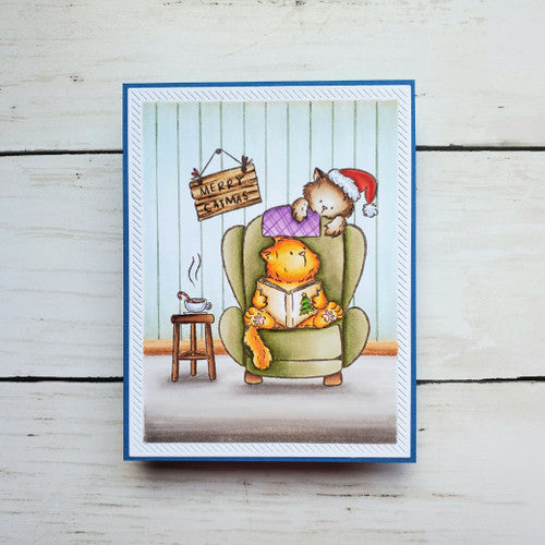 Purple Onion Designs Tofu And Tabble Cozy Christmas Cling Stamp pod5001 Reading Cats Christmas Card