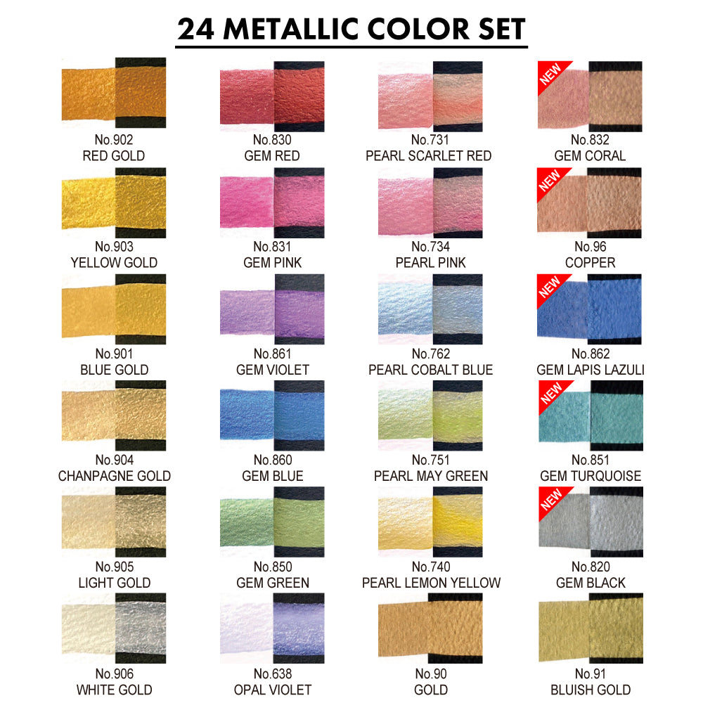 Zig Kuretake Gansai Tambi Set 1 Metallic 24 Piece Watercolor Set nw2a swatches