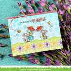 card with mice planting flowers and sentiment 'i'm glad we're friends'