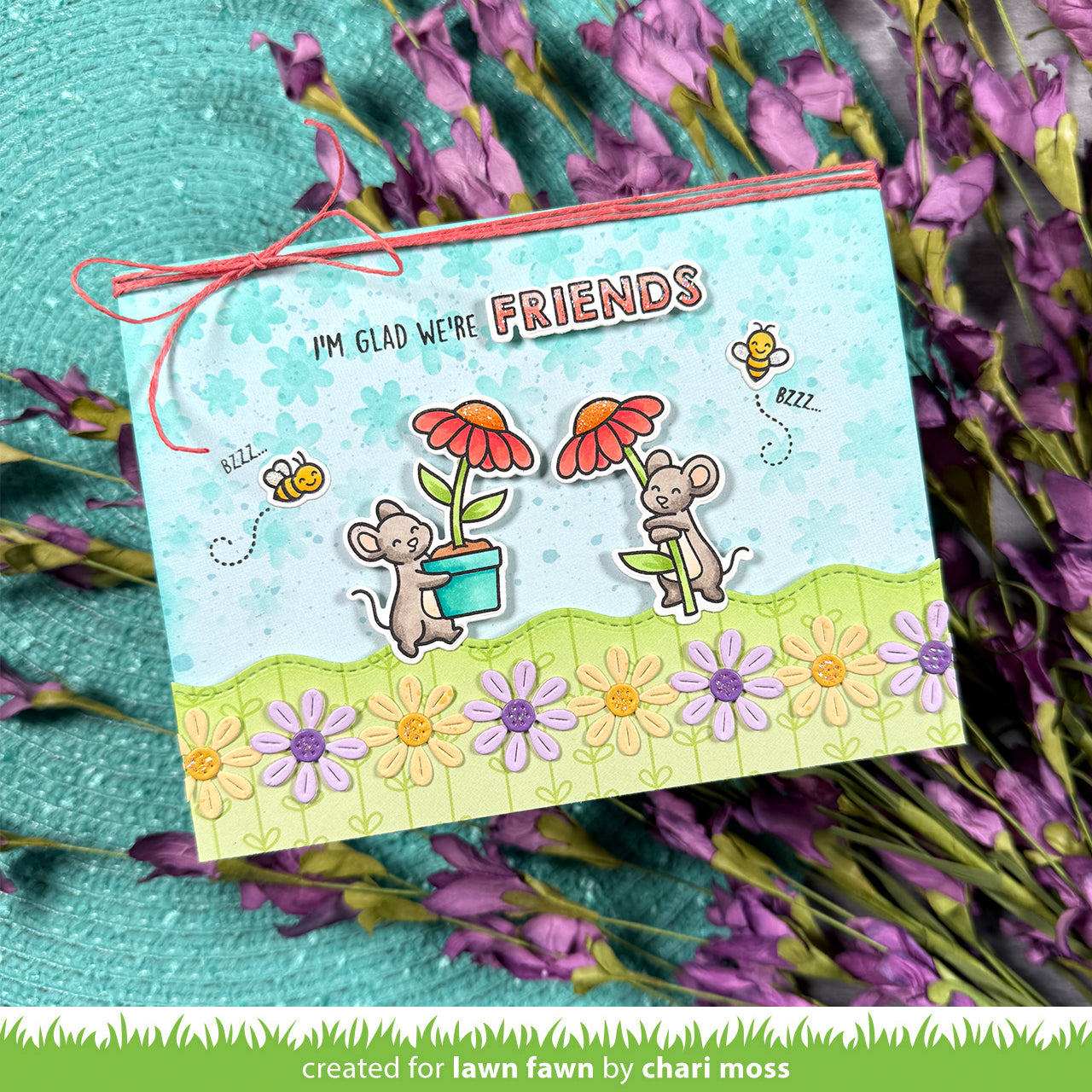 card with mice planting flowers and sentiment 'i'm glad we're friends'