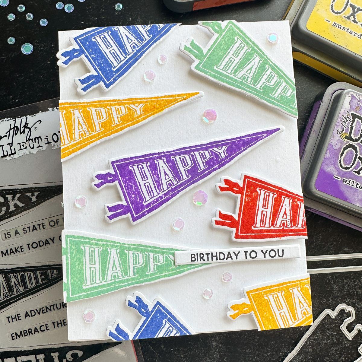 Tim Holtz Distress Oxide Ink Pad Blueprint Sketch Ranger tdo55822 Happy Birthday Pennant Card | color-code:ALT01