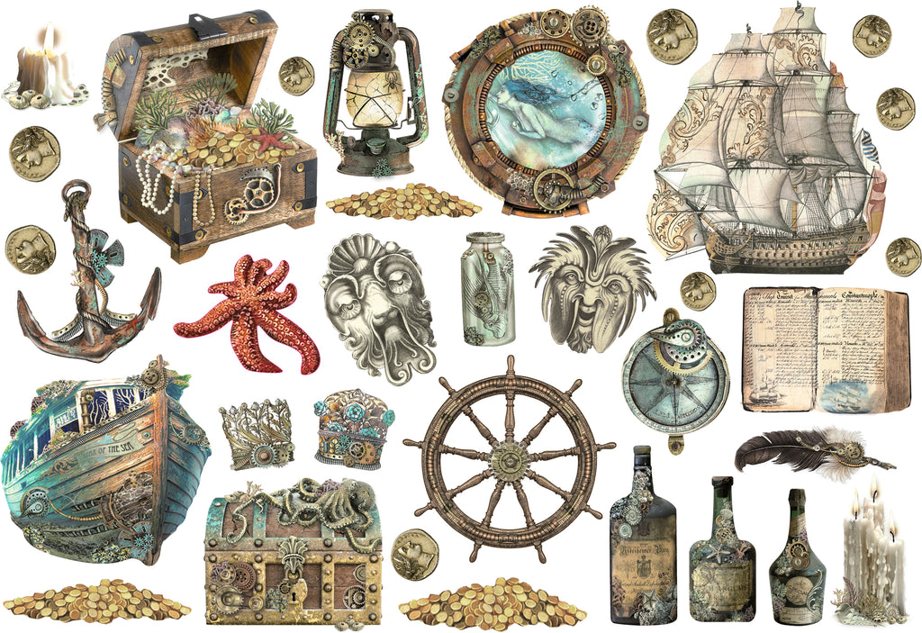 Stamperia Songs Of The Sea Sea Sailing Ship And Elements Ephemera dflct30 close up
