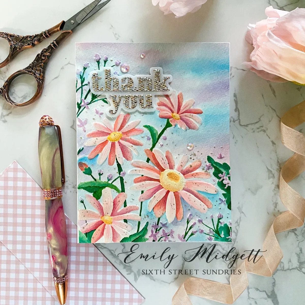 Simon Says Stamp Embossing Folder FRESH DAISIES sf281 Thank You Card | color-code:ALT04