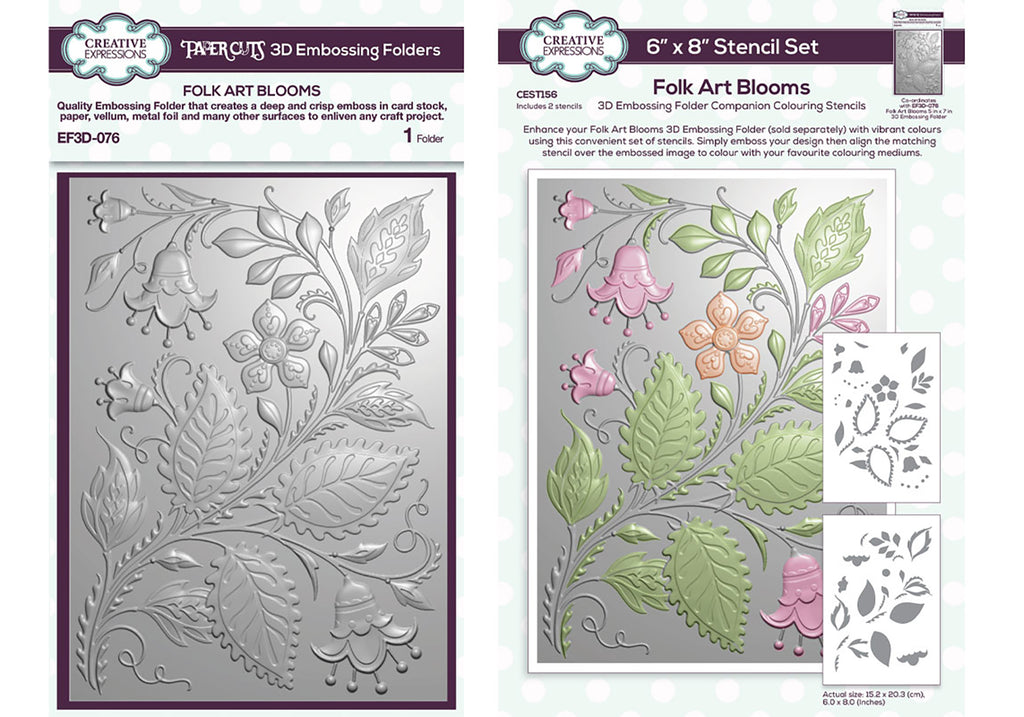 Creative Expressions Folk Art Blooms 3D Embossing Folder and Companion Stencil Bundle
