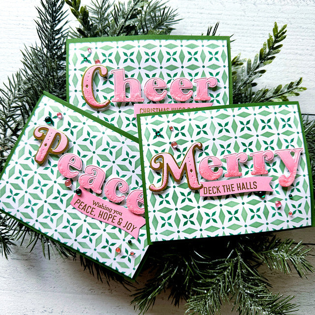 Pinkfresh Studio Kaleidoscope Stencil Set 178623 Merry Cheer Peace Christmas Cards