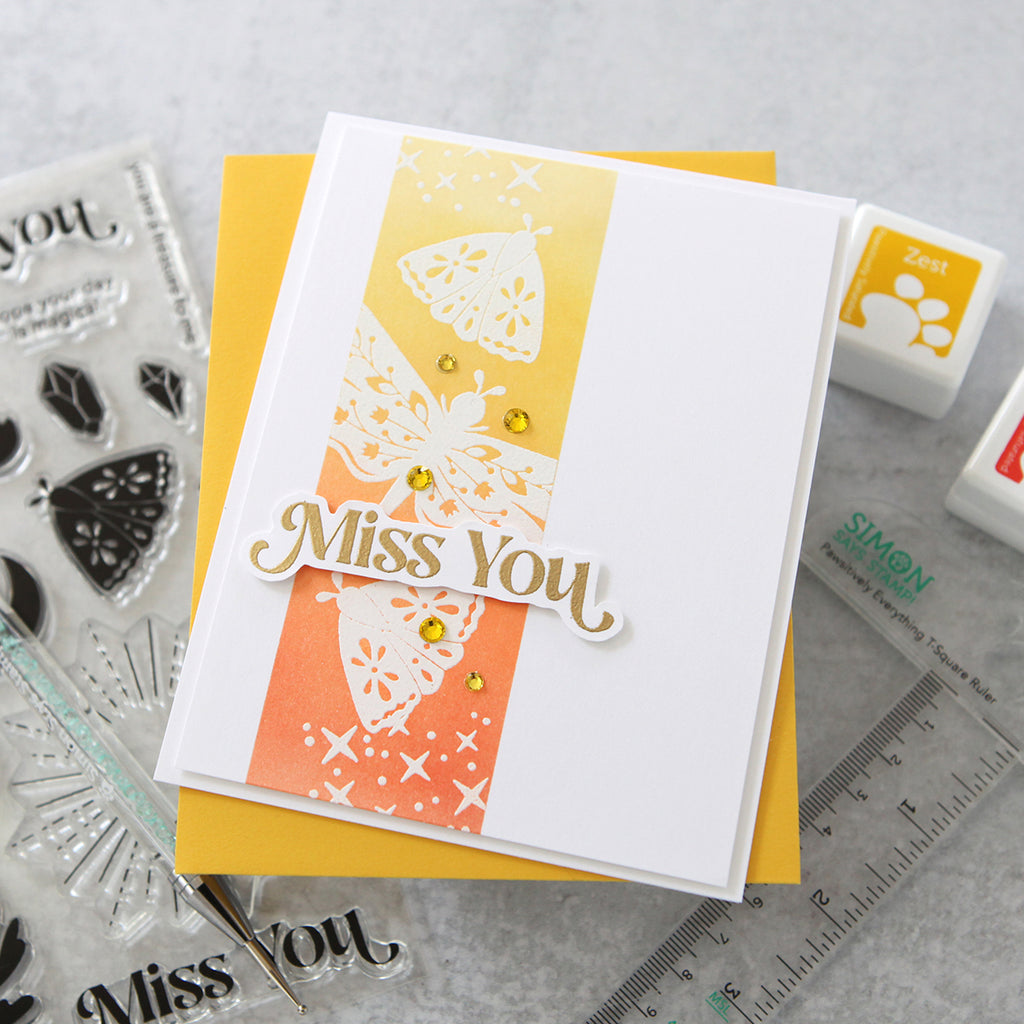 Simon Says Stamp Pawsitively Dazzling Gems Warm Tones se110 Celebrate Miss You Card | color-code:ALT04