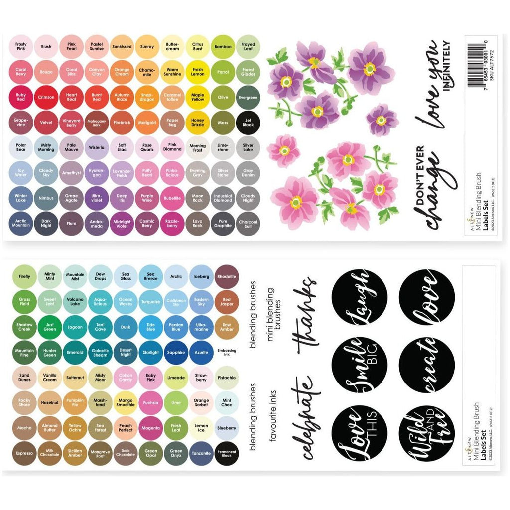Altenew Mini Blending Brush Label Set All Crisp Dye Ink Colors 2 Sheets alt7672