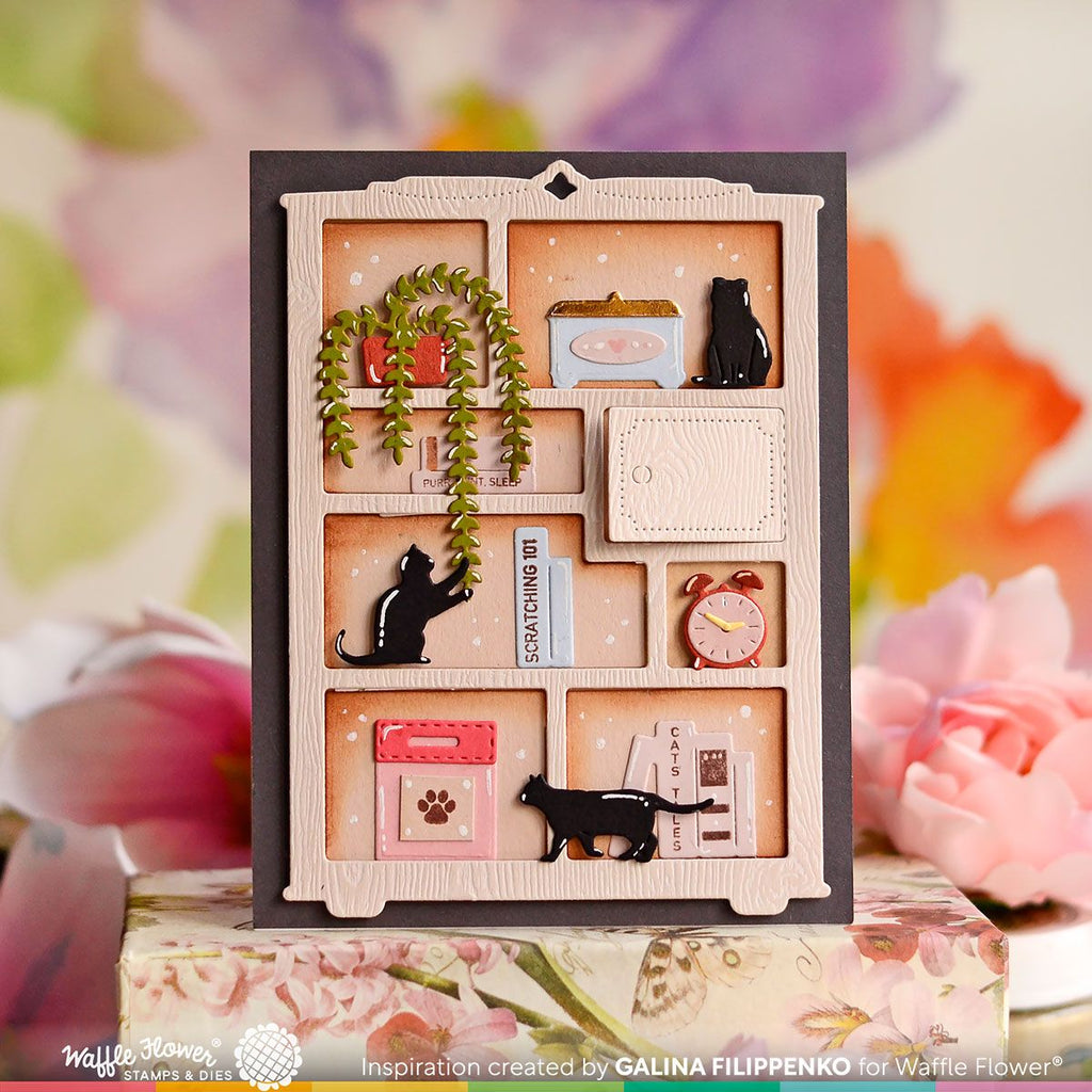 Waffle Flower Simple Bookcase Die 421566 cats on shelves