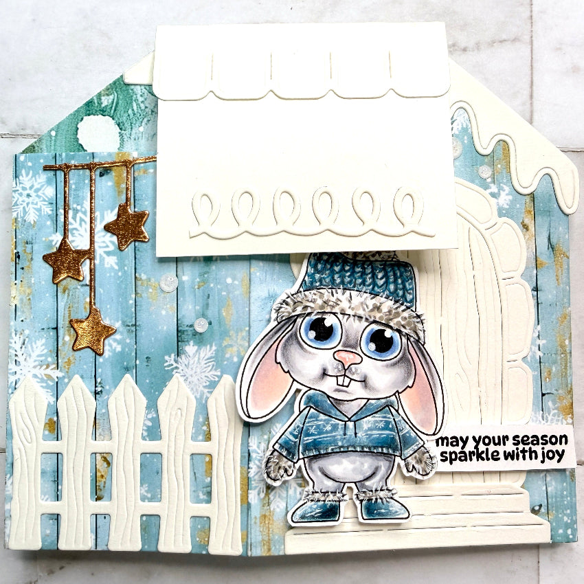 La-La Land Crafts Roof Hinge Small Dies 9021 blue bunny house folded flat