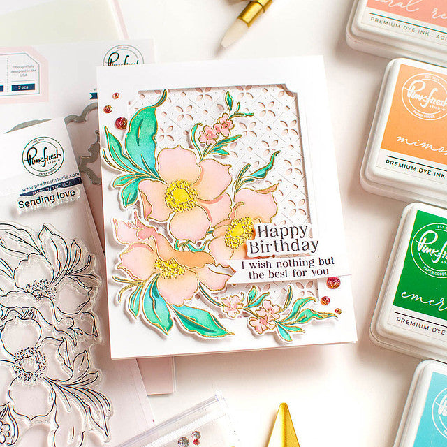 Pinkfresh Studio Nothing But The Best Stencil Set 190323 Floral Happy Birthday Card | color-code:ALT01