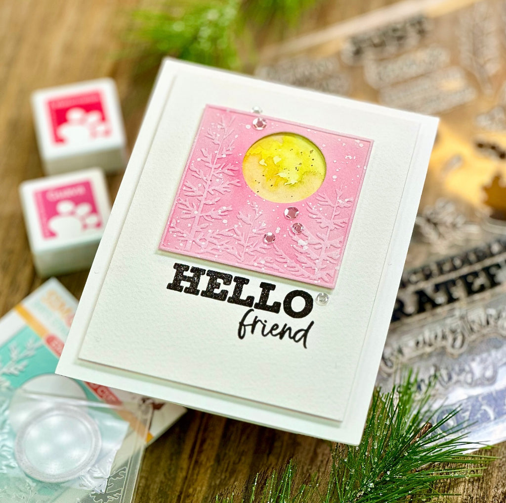 Simon Says Stamp Emboss and Cut Folder Moon And Pines sf276 Hello Card