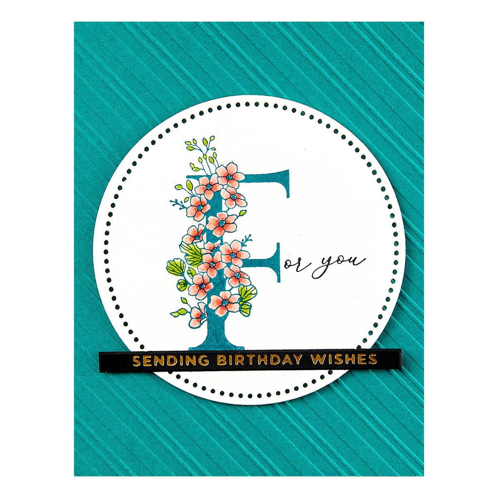 bp-129 Spellbinders Floral F and Sentiment Press Plates green background