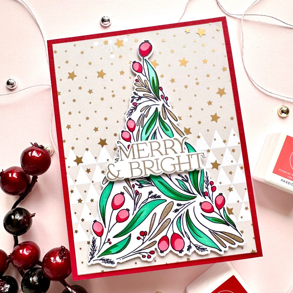 Pinkfresh Studio Festive Foliage Tree Press Plate 251024 Merry And Bright Holiday Card | color-code:ALT02