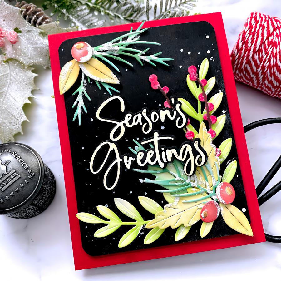 Papertrey Ink Season's Greeting Hot Foil Plate and Die Set ptif-0016 frosty leaves