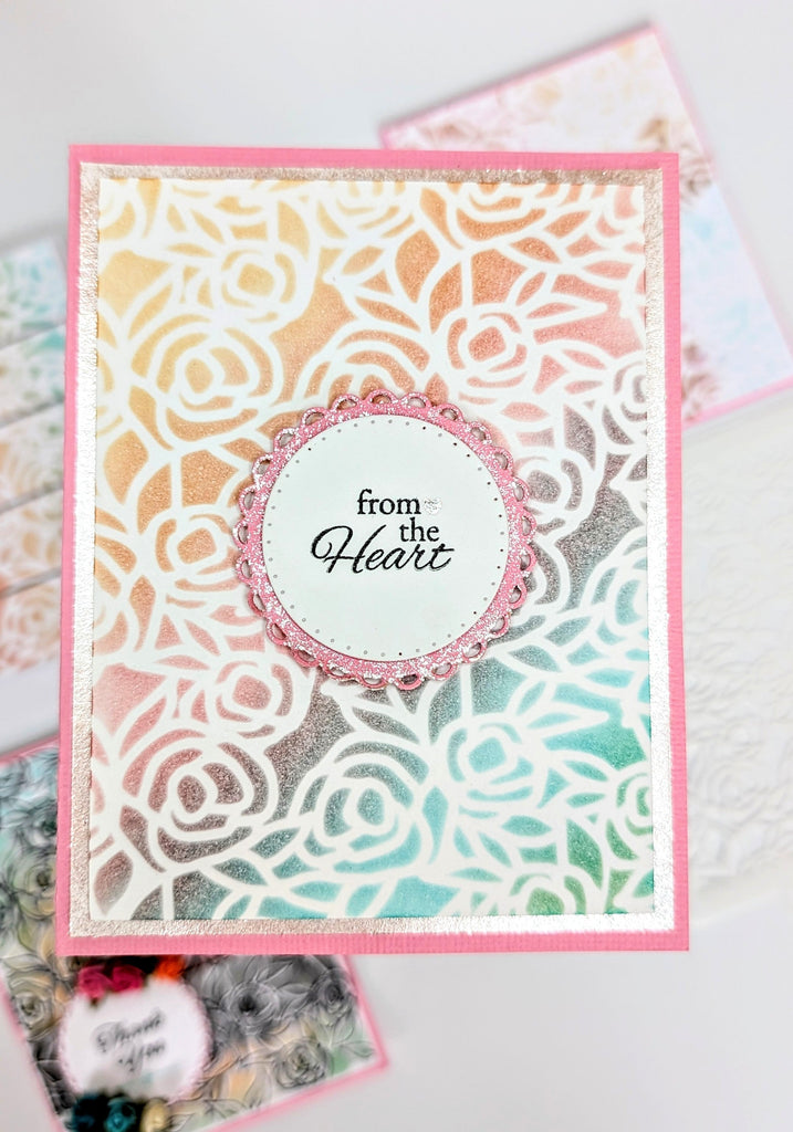 Tonic Rose Garden Background Stencil 5002e card sample from the heart