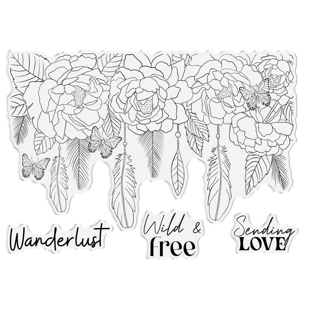 Crafter's Companion Enchanting Floral Feather Clear Stamps s-boh-ca-st-enfl flowers with butterflies and feathers