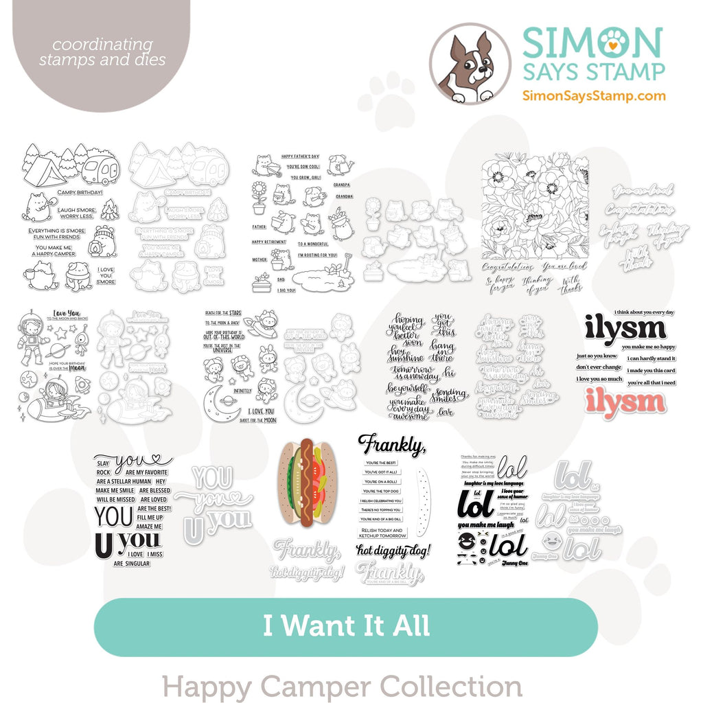 Simon Says Stamp Happy Camper Collection I Want It All Stamps and Coordinating Dies set1035sd