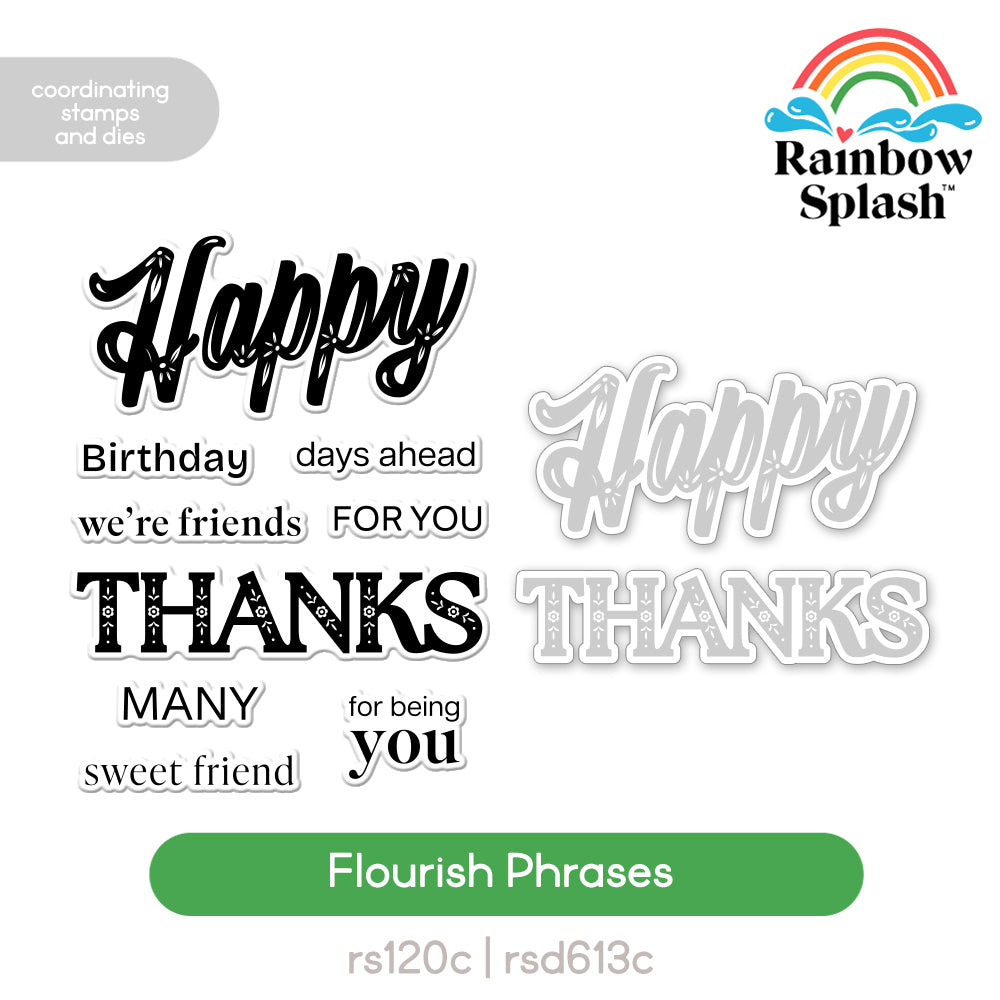 Rainbow Splash Stamps and Dies Flourish Phrases set1324fp