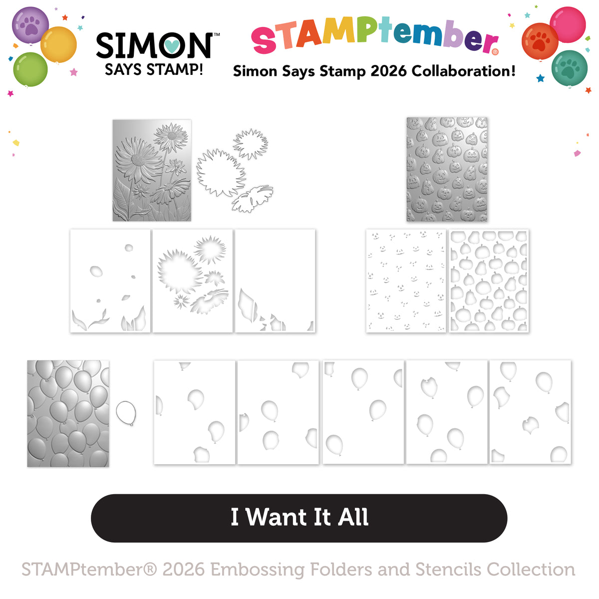 Simon Says Stamp 2026 Stamptember Embossing Folders and Stencils I Want it All set1364wa